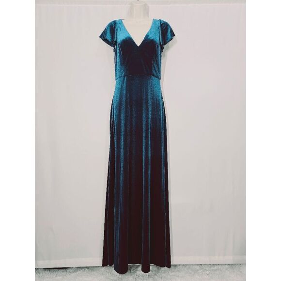 After Six Style 1540 Dutch Blue Lux Velvet Flutter Sleeve Maxi Dress Size 2R